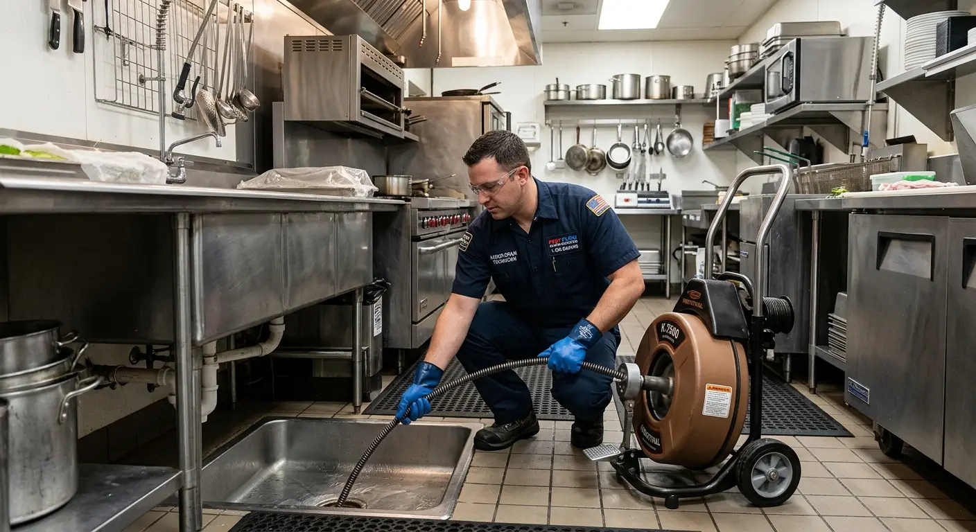 Commercial drain cleaning service in a restaurant kitchen in Jamestown