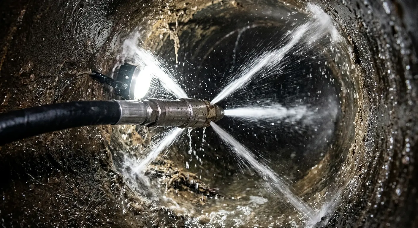 High-pressure hydro jetting nozzle cleaning sewer pipe for Emergency Drain Service in Jamestown